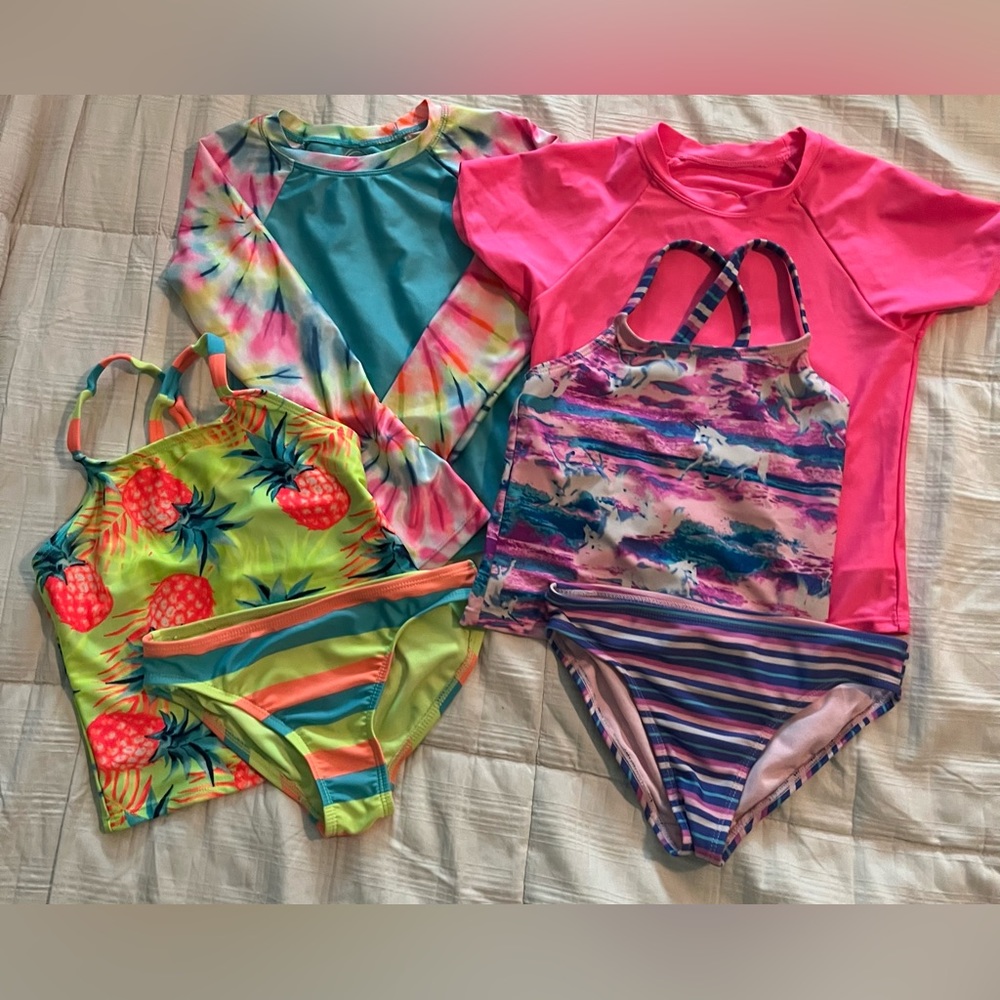 Girls size 6 swimsuits and matching rash guards